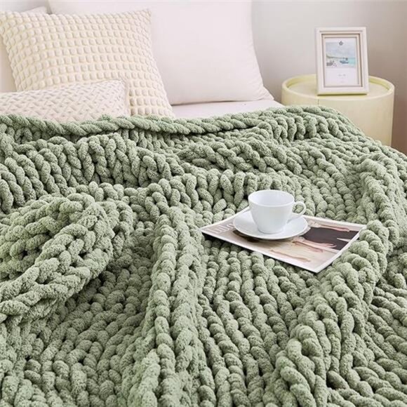 Chunky Knit Blanket Throw Chenille Soft Cozy Knitted Sofa Home Decor 51x63 Sage - Picture 7 of 7